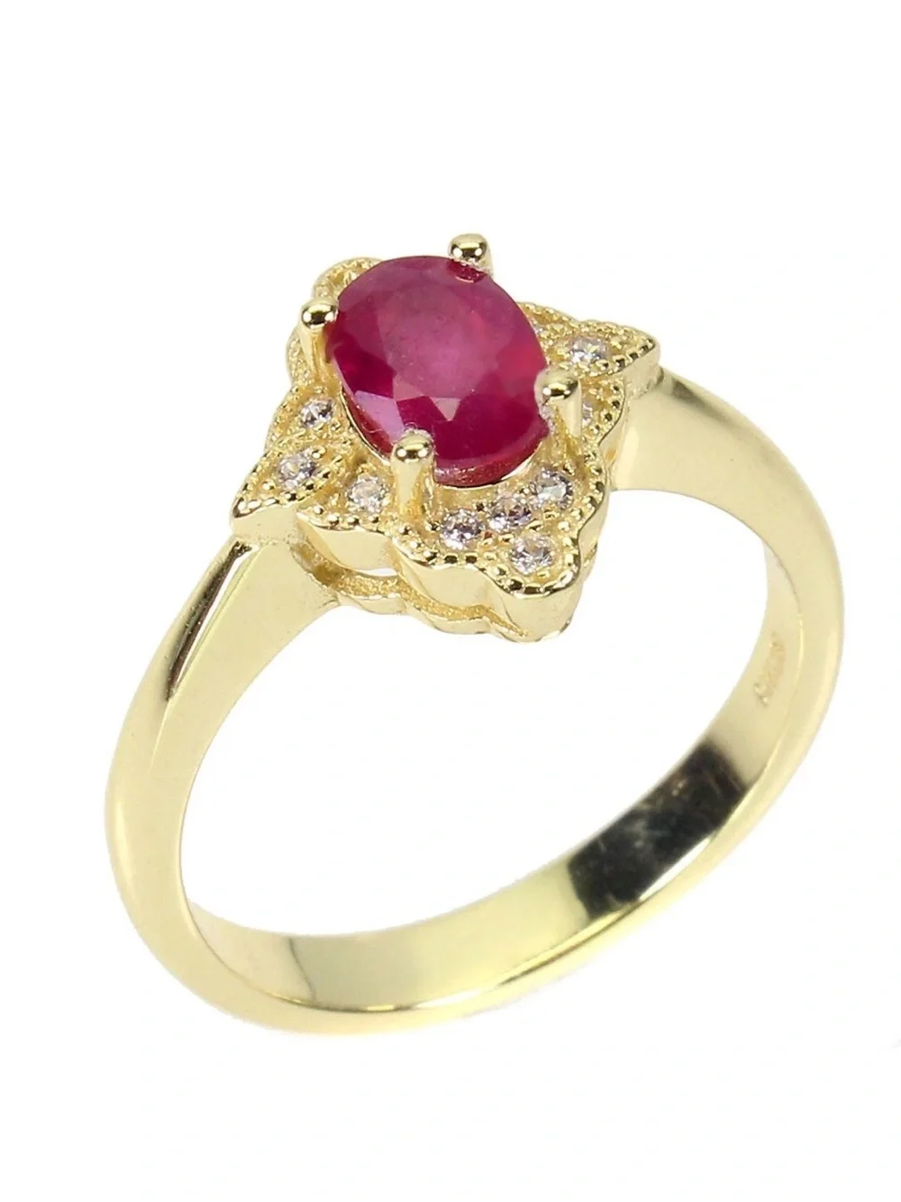 Stunning Natural 7x5mm Oval Ruby Zircon  accent in 14K Yellow GP Ring Size 6